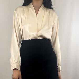 Vintage Cream Satin Plunge Neck Blouse